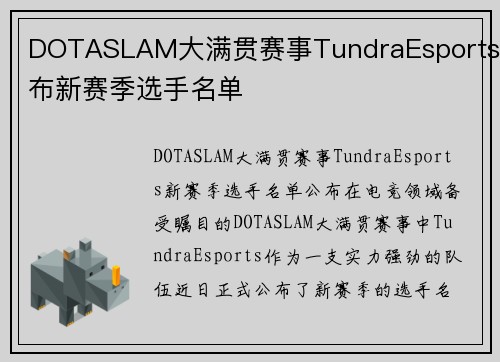 DOTASLAM大满贯赛事TundraEsports公布新赛季选手名单