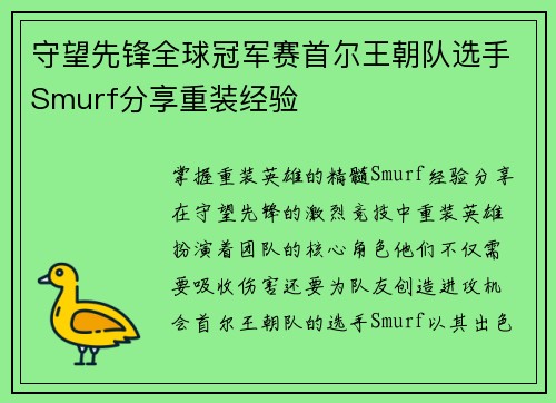 守望先锋全球冠军赛首尔王朝队选手Smurf分享重装经验