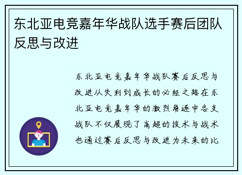 东北亚电竞嘉年华战队选手赛后团队反思与改进